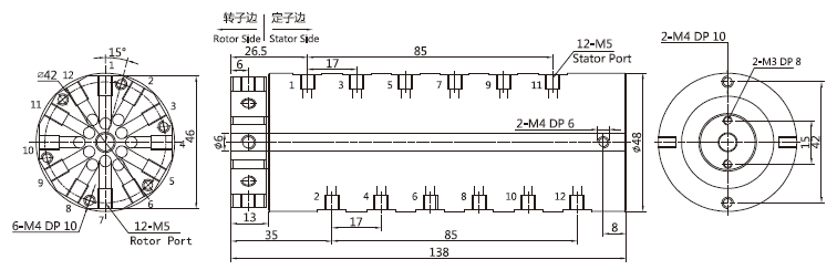 3012004 series 3012004 Series M5 12 Passage Pnuematic/+Electric Hybridry Rotary Unions slip ring Drawing 