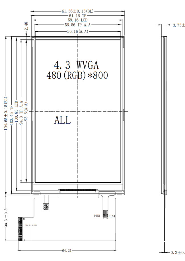 480x800 IPS 4.3 Inch TFT LCD Display Mipi Interface 45 Pins With Resistive Touch Panel
