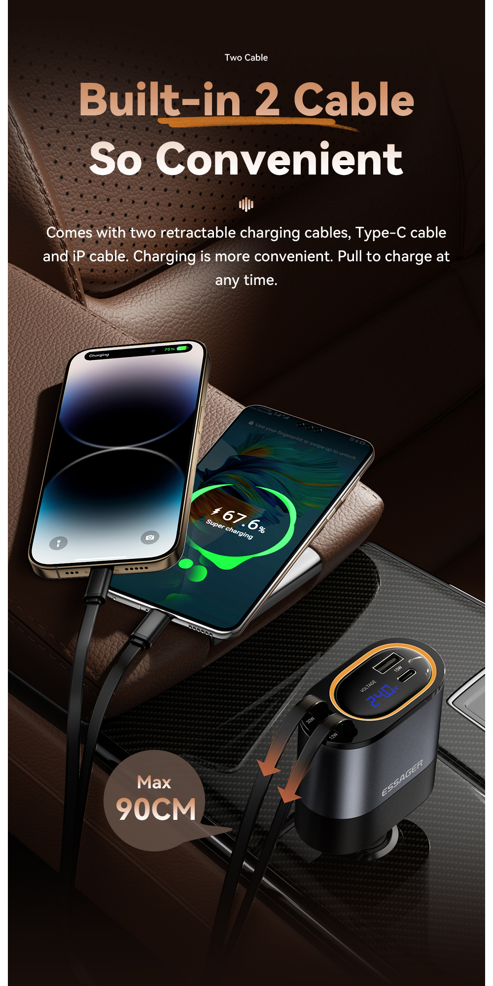 ESSAGER SHE-6001 45W PD 30W with Fast USB C Lighting Cable Type C Car Charger