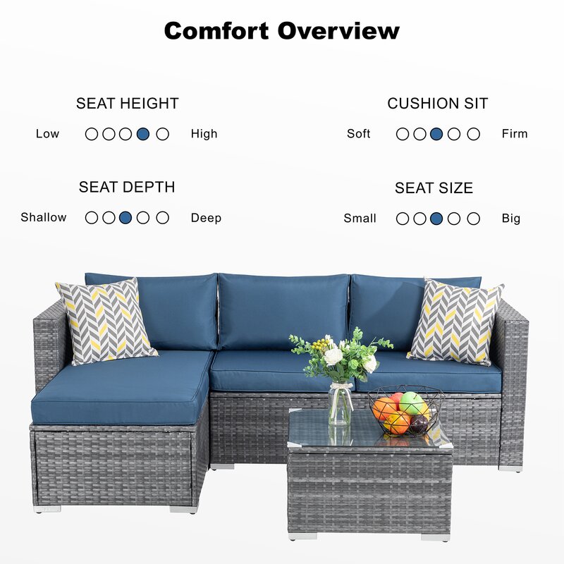 Rattan Sofa Sectional Lounge Set 24'' H X 78'' W X 50.78'' D for Outdoor Relaxation