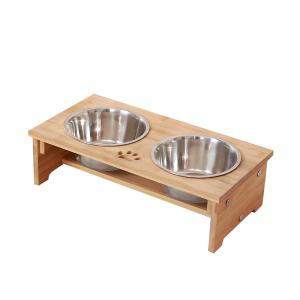 China Hollow Pattern Bamboo PET Feeder Stand Stainless Steel Bowls for Dog wholesale
