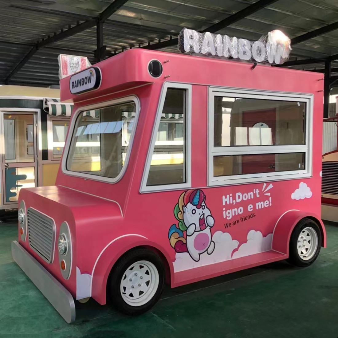4 Road Wheels Outdoor Street Food Cart for Mobile Ice Cream Cold Drinks Fruit Juice Beer Milk Tea Coffee Snack Catering