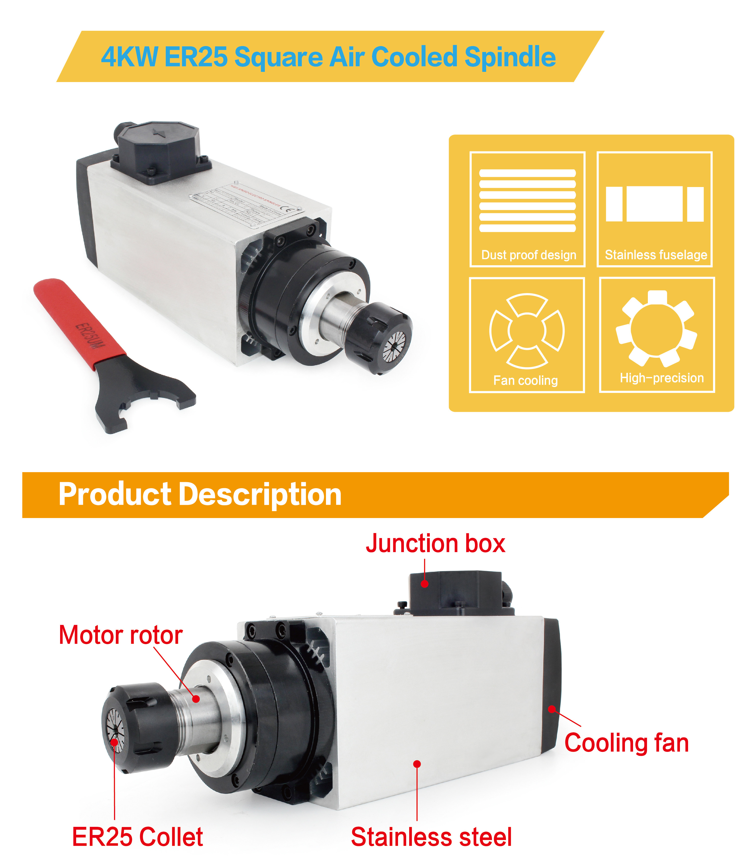 Air Cooled Spindle Motor Kit ER25 220V/AC 12A 18000rpm For CNC Router ENGRAVING