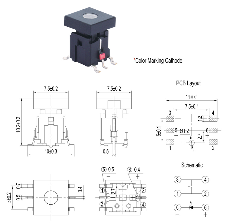 Hole Head 6 Pin 6x6 SMD Illuminated Tact Switch