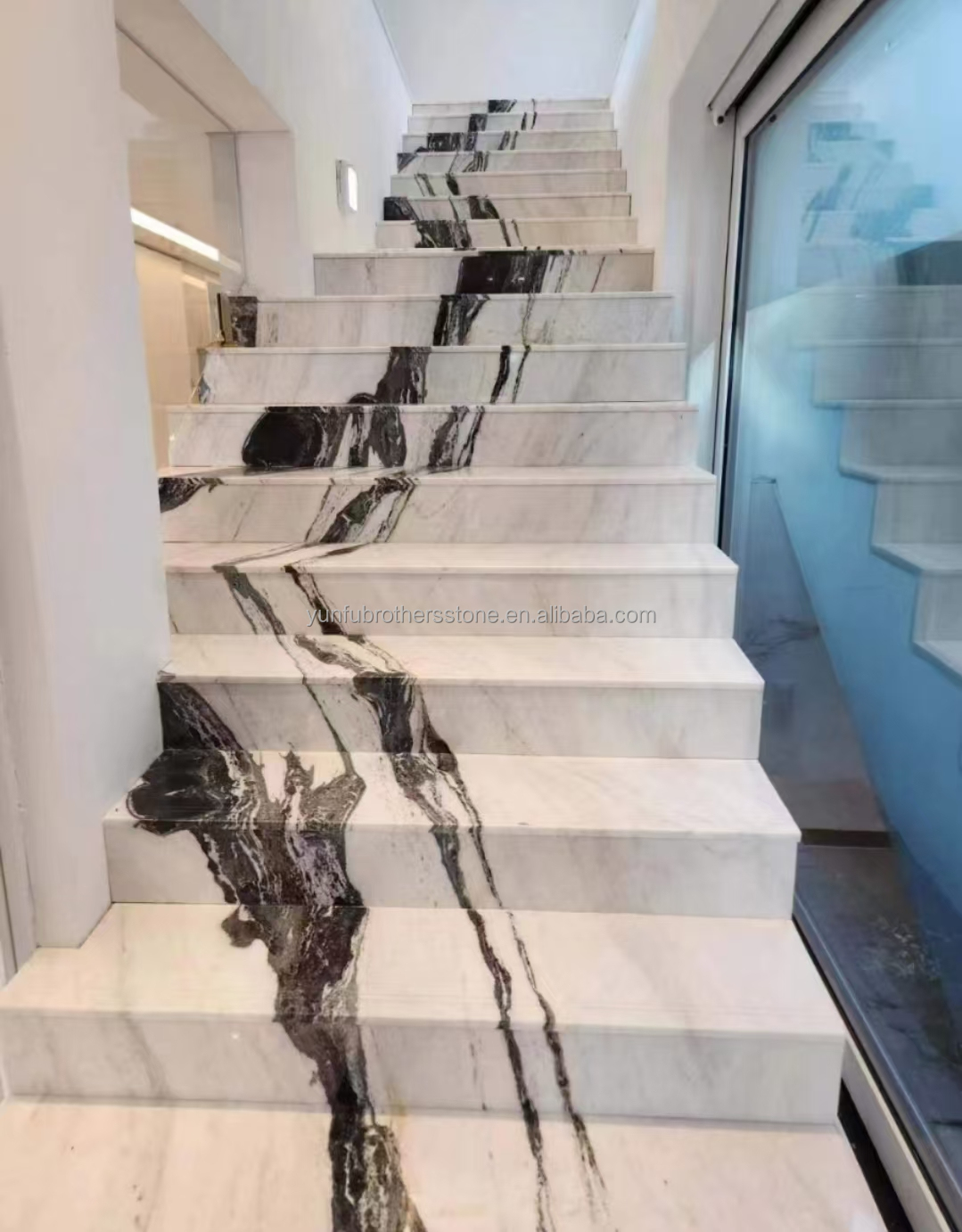 Easy Installation Panda White Marble Stairs with Modern Design and LED Wall Lights