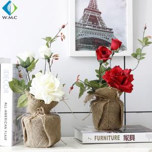 China Tabletop Decoration Artificial Green Plants , Linen Bag Potted Fake Rose Plants wholesale