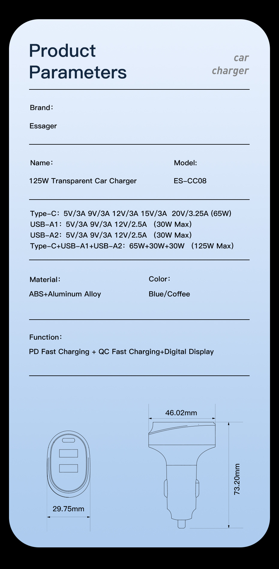 Official Store Digital Display Car Chargers 125W Transparent with 1 Type-C 2 USB-A