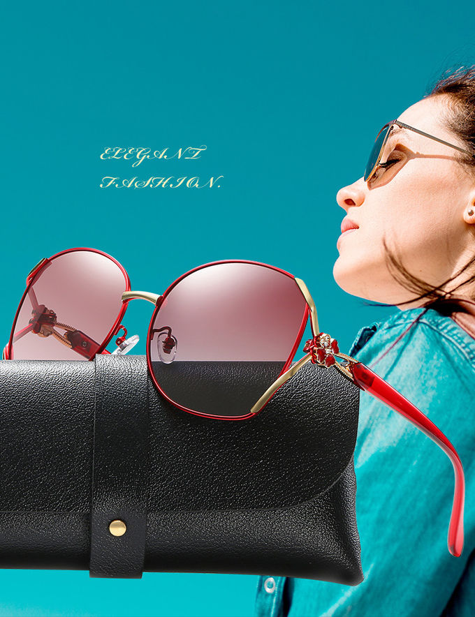 Four Leaf Clover Elegant Glass Lens Metal Frame Polarized Sunglasses Diamond Studded