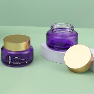 China Luxury Empty Glass Face Cream Jar 30g Refillable Body Butter Jars 1oz Cosmetic Round Purple Glass Jars with Golden Matte Lids wholesale