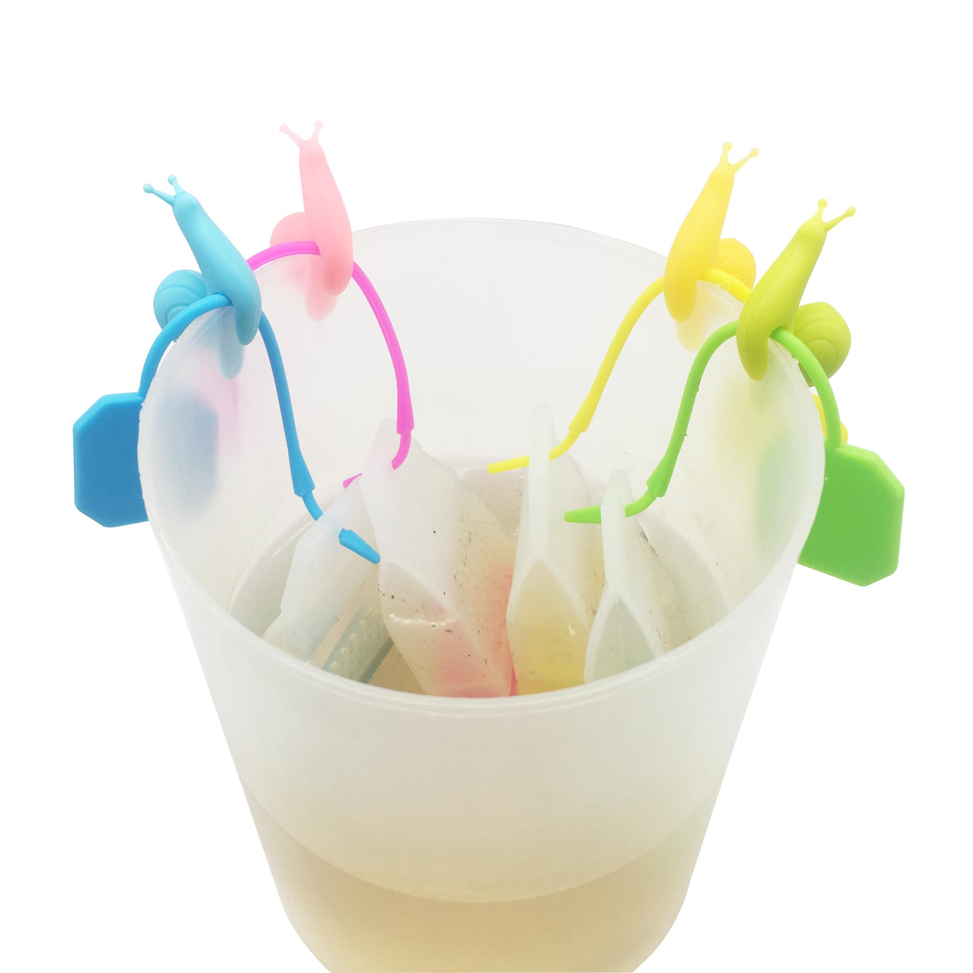 4pcs BPA- Free Custom Logo Printed Colorful Genuine Reusable Silicone Tea Bag Infuser Gift Set with Cute Snail Cup Charms
