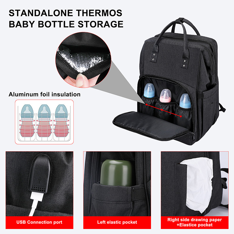 Baby Diaper Tote Bags Backpack Black Insulated Bottle Storage 14X9X16"