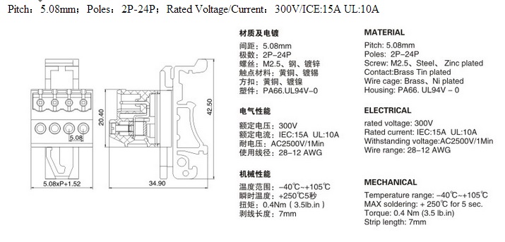 RD 2EDGUVK 5.08MM 2P-24P 300V 15A green color brass terminal block DIN rail terminal block