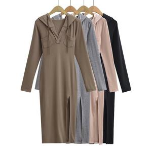 China Summer V Neck Long Sleeved Slim Hooded Dress With Side Slit Buttock Skirt wholesale