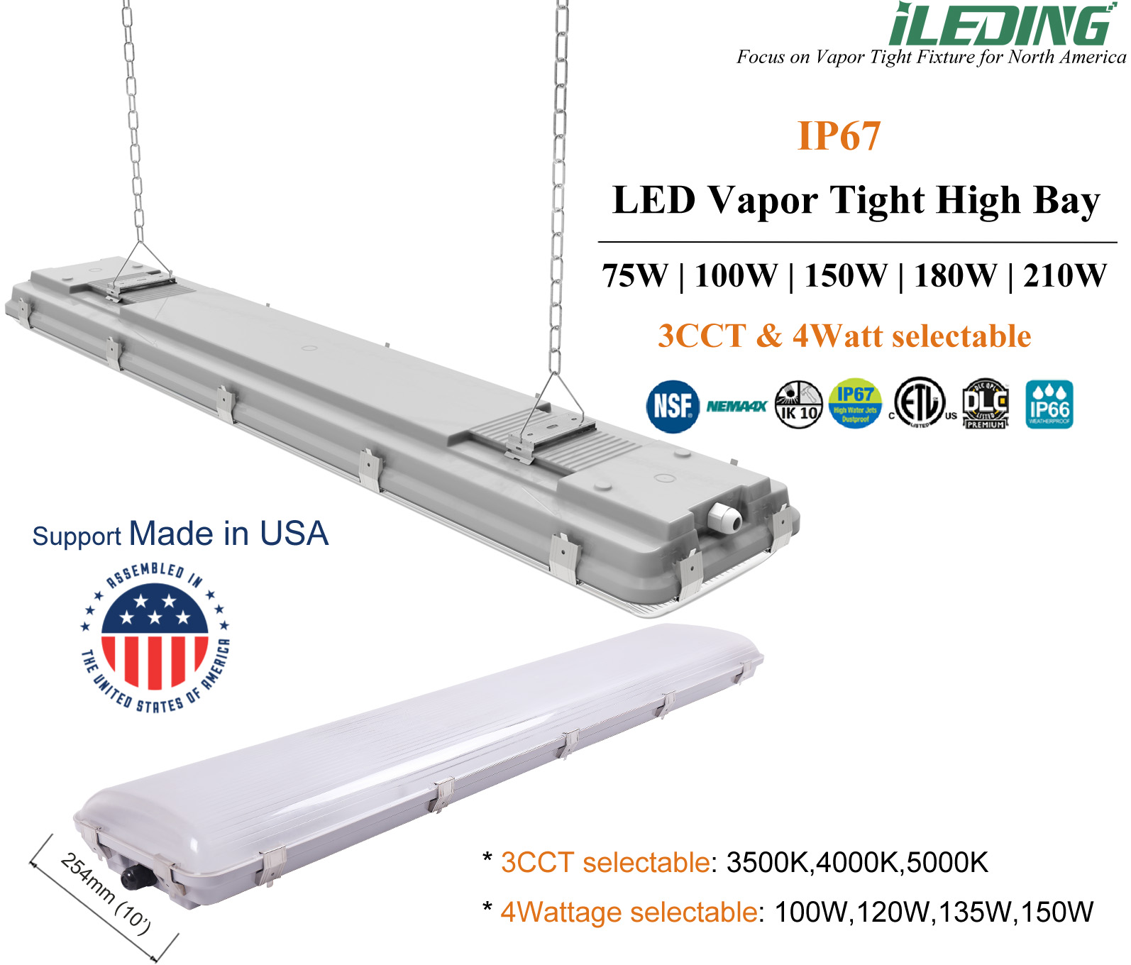 High Wattage Led Vapor Tight Light 100W 150W IK10 IP67 Driver 347V option for Warehouse
