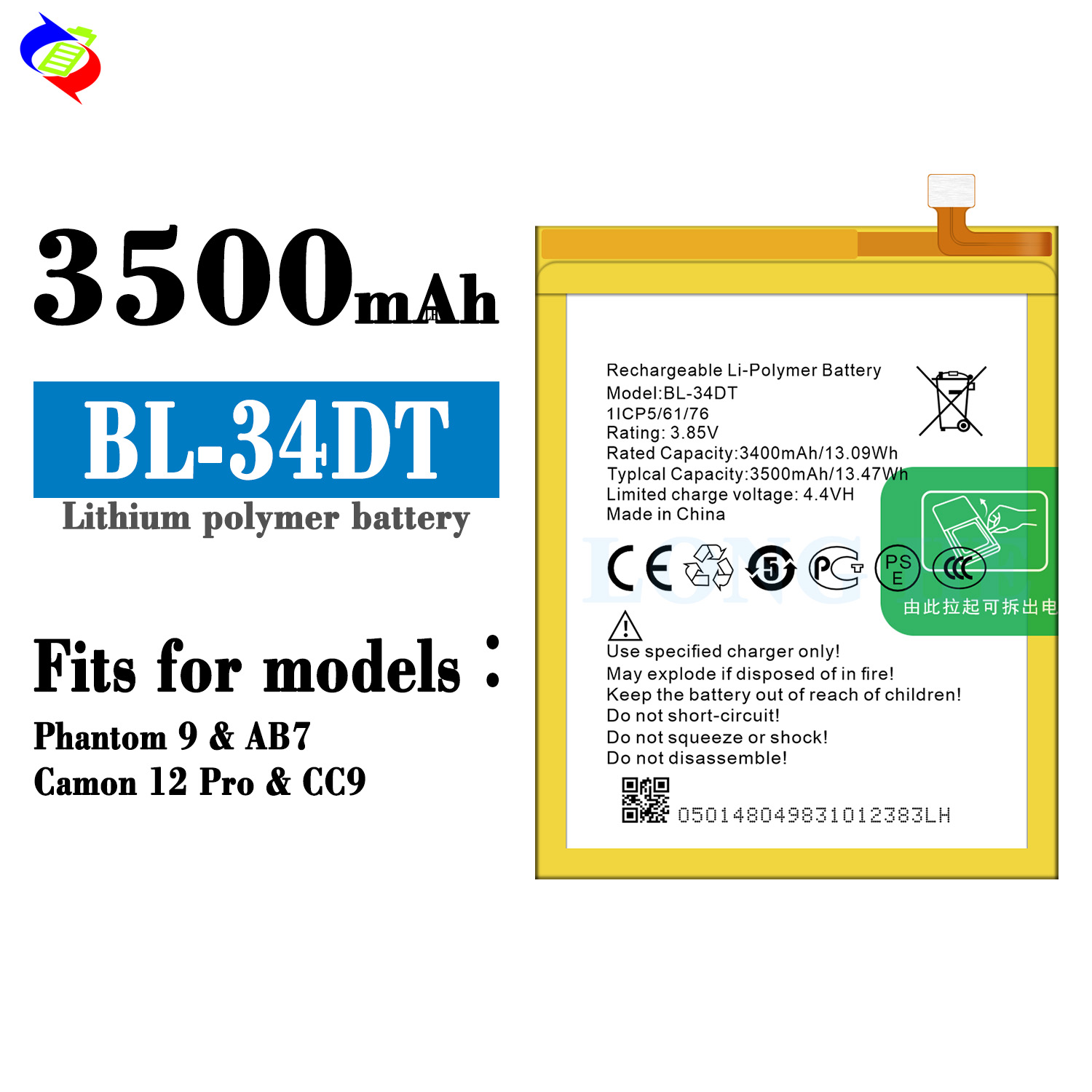 Tecno Phantom 9 Mobile Phone Battery 3500mAh BL-34DT Rechargeable Batteries OEM/ODM