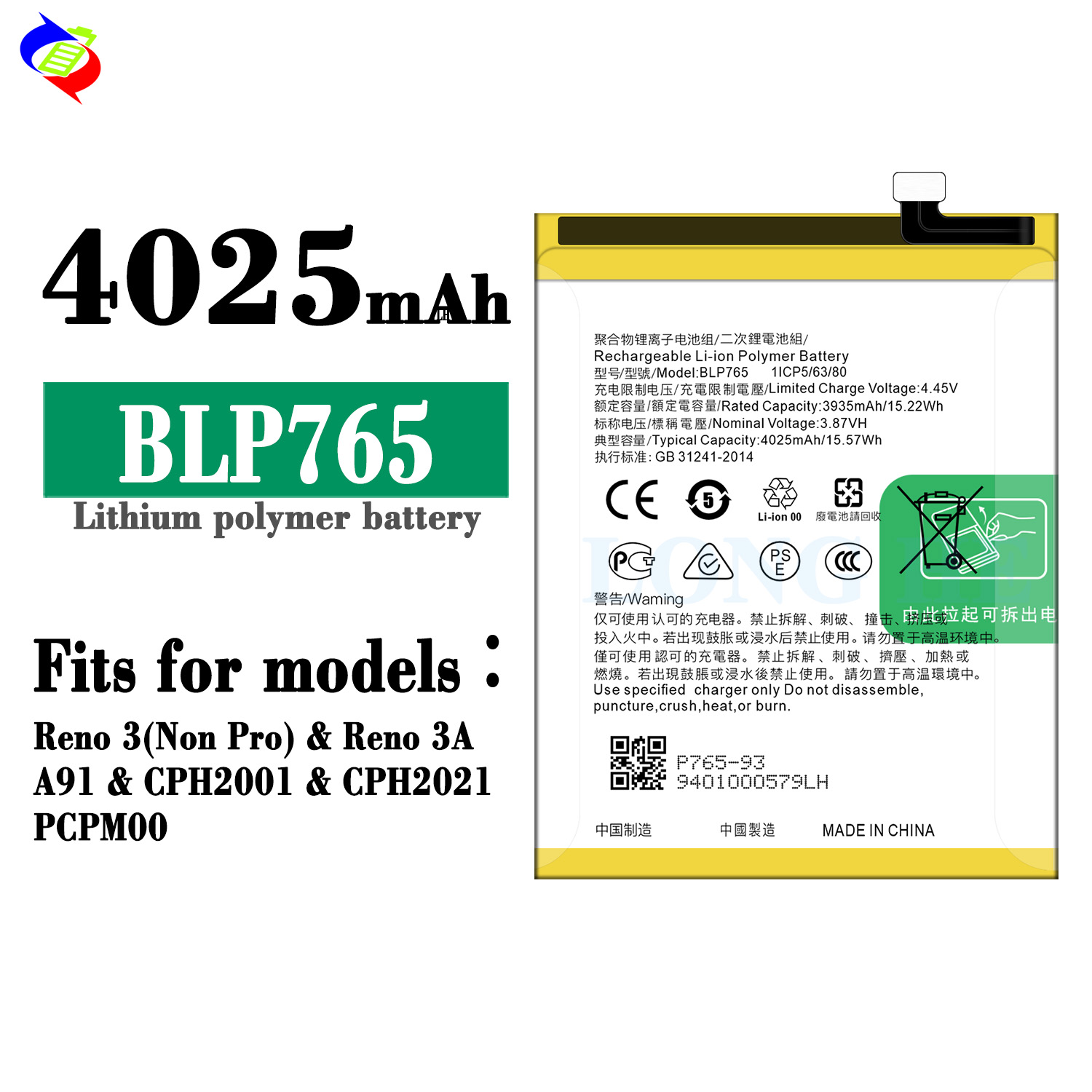 Stock BLP765 4025mAh Battery for OPPO A91 Reno 3 Non Pro A91 F15 CPH2001 CPH2021 PCPM00