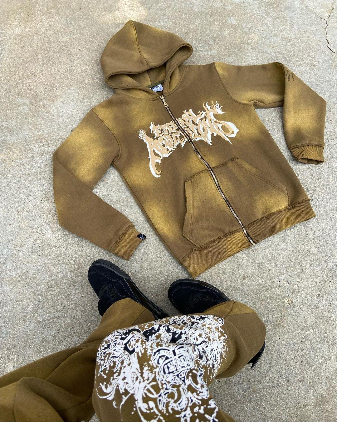 Customized Streetwear Zipper Zip Up Hoodies and Flared Sweatpants Set in Vintage Style