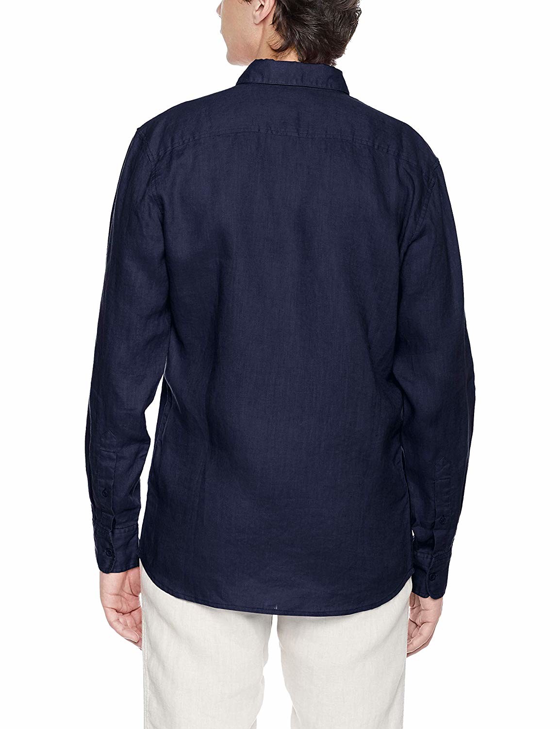 Blue Curved Hem Business Casual Linen Shirt Long Sleeve Collared Shirt