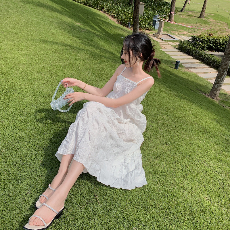 Strap A Line Backless White Midi Beach Holiday Dresses