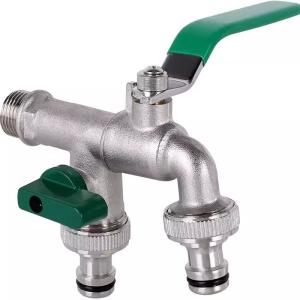 China Garden Hose Faucet Water Tap Brass Ball Valve Outdoor Yard Bibcock Double Outlets wholesale
