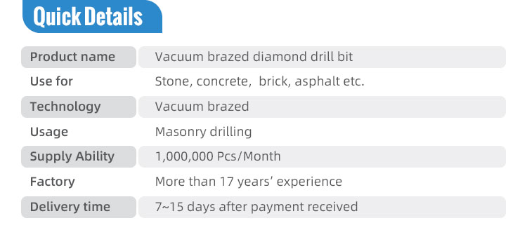 Vacuum Brazed Diamond Core Drill Bit for Hard Stone Tile Marble Granite Dry or Wet