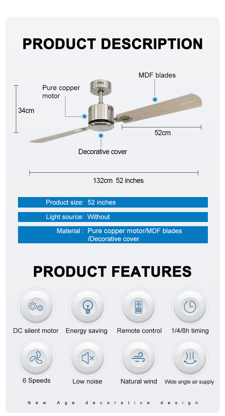 More Than Five Wind Speed 52 Inch MDF Blades Ceiling Fan with Remote Private Mold NO