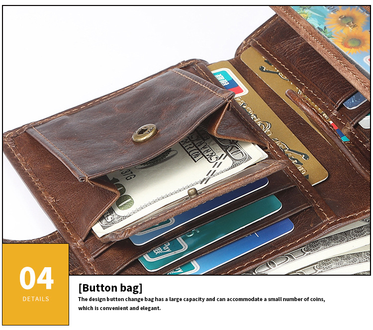Men's Casual Short Billfold Wallet with Cowhide Leather and Polyester Lining