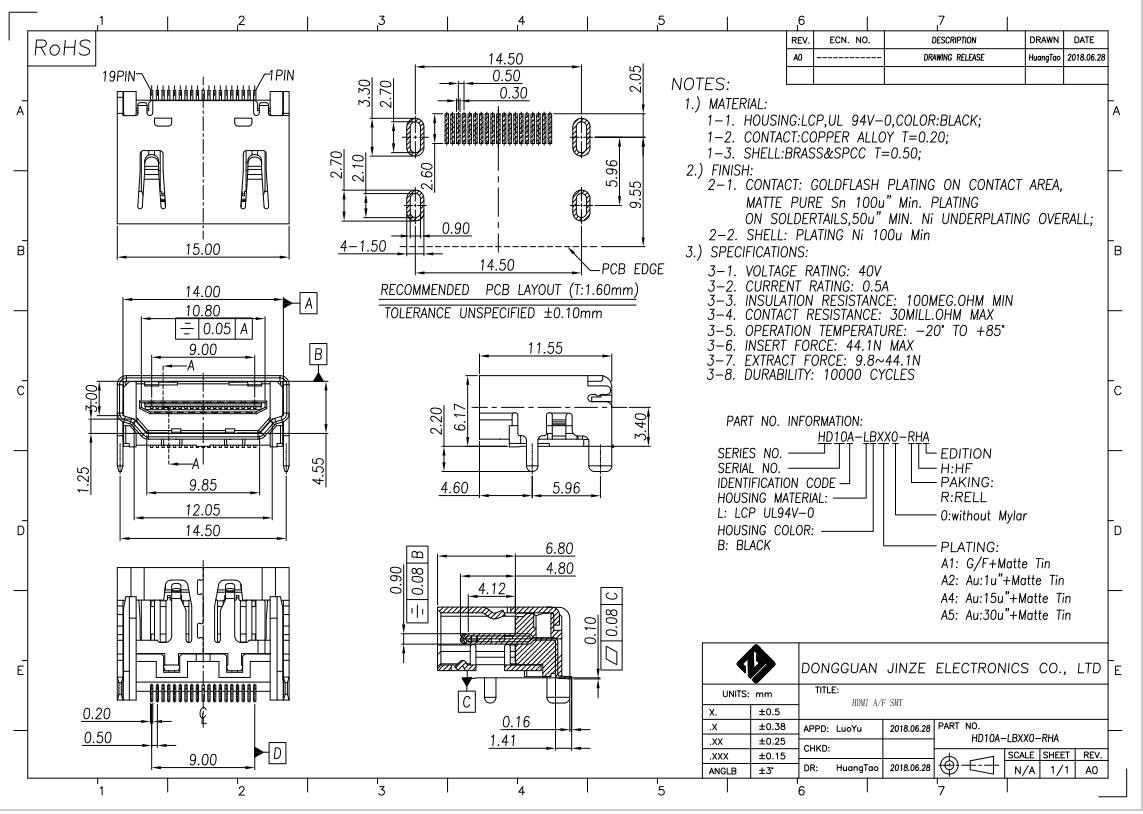 Female STD RA AF SMT Micro HDMI Socket Connector Panel Grd Flange ODM