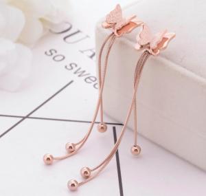 China Fashionable Stud Butterfly Jewelry , Ball Dangle Tassel Stainless Steel Earring, Rose Gold butterfly stud Earring wholesale