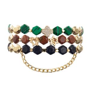 China Stretchy Malachite Beads Zircon Leaf Charm Bracelet With Gold Chain wholesale
