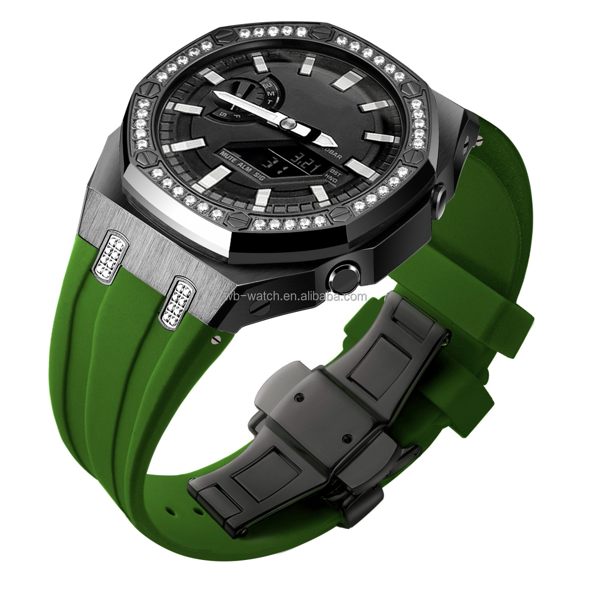 Casio Watch Modified Case Stainless Steel Diamond Watch Case And Silicone Strap Combo