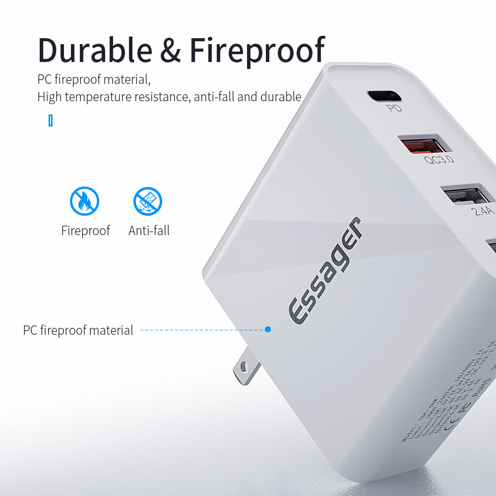 Essager 2021 Earl 48W USB Type C 4 Ports 18W 48W Fast Charging Pd Wall Charger For Mobile Phone With Cable
