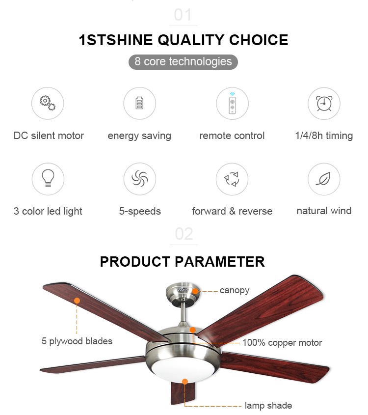 110V/50Hz Voltage 1stshine 52 Inch Air Cooling DC Motor 5 Plywood Blade Modern LED Ceiling Fans with Lights