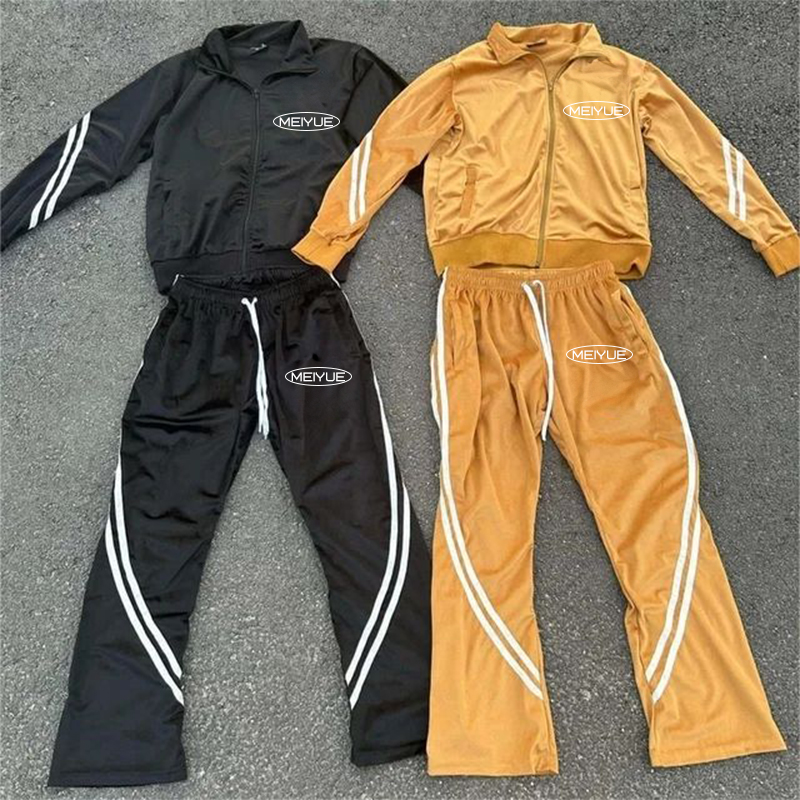 Custom Jogging Suits Unisex Velvet Zip up Tech Fleece Jacket Windproof Flare Sweatpants Stripe Sweatsuit Tracksuits for Men