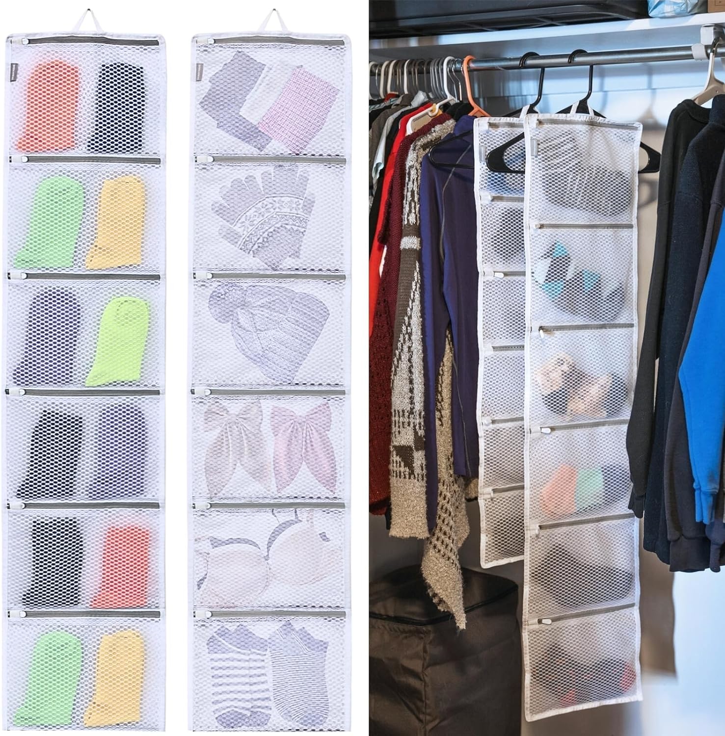 HANGING CLOSET ORGANIZER WITH POCKETS, 2-PACK SOCK ORGANIZERS FOR WASHING AND DRYING, STORAGE BAGS CAN ORGANIZE SOCKS,