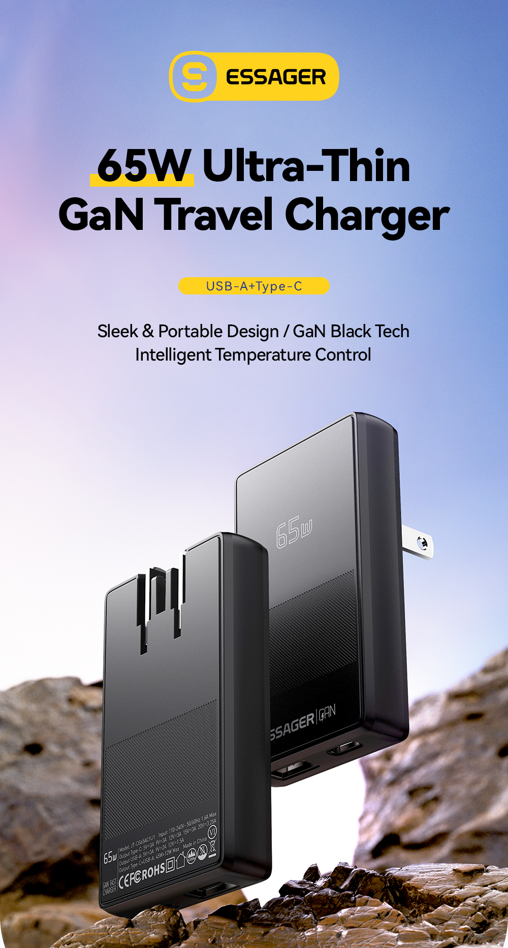 ESSAGER JT-CG65AC1U1 Series Ultra Thin 65W Max Portable USB A Type C Charger