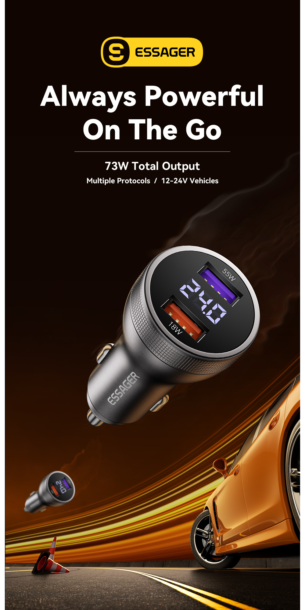 ESSAGER ES-CC18 Series 73W USB-A Car Cell Phone Charger Outlet Quick Car Charger