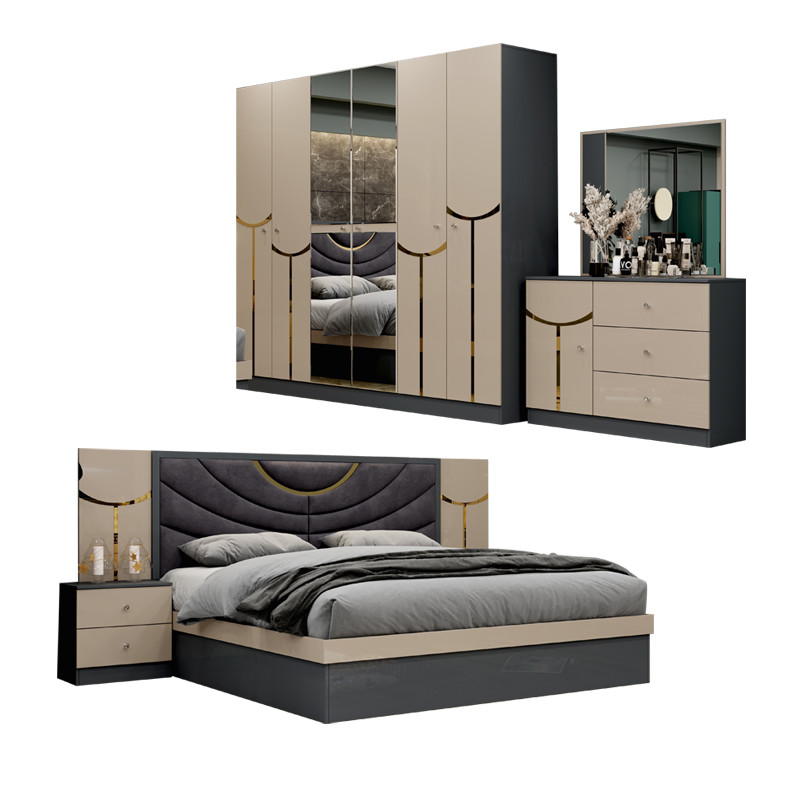 Wholesale Cheap Luxury Wood Frame Double King Size Bed Set Modern Home Turkish Wooden MDF Full Bedroom Sets Furniture