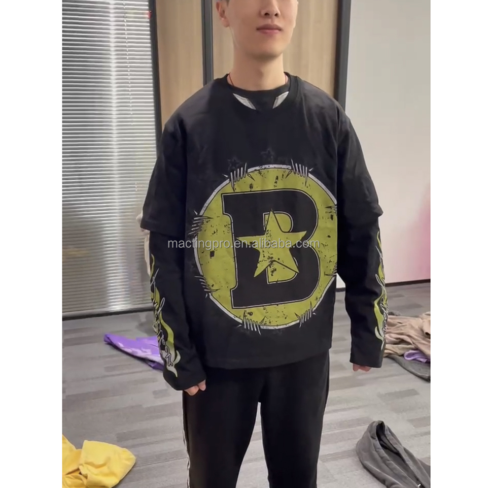 Black Washed Long Sleeve T Shirt Tee Men'S Heavyweight Acid Wash T-Shirt Hip Hop Style
