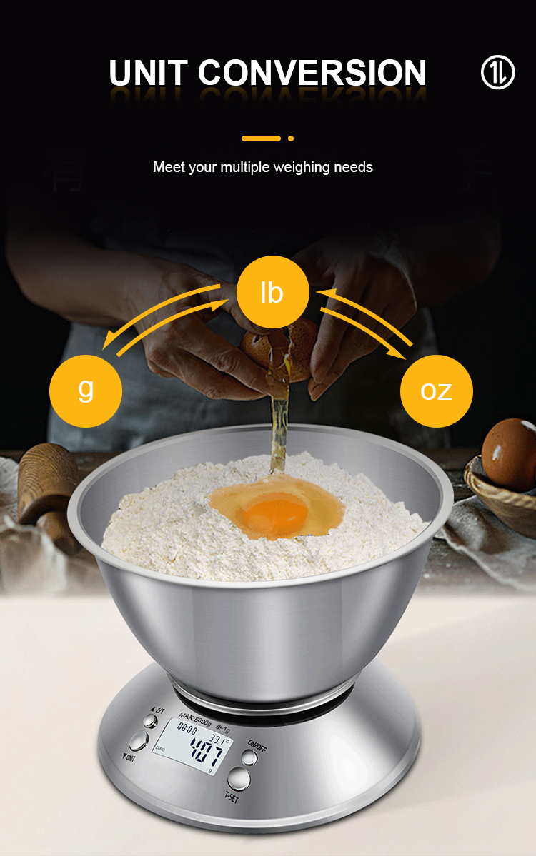 Stainless Steel Digital Kitchen Scale 5 kg Removable Bowl and Battery Powered Digital Household Scale