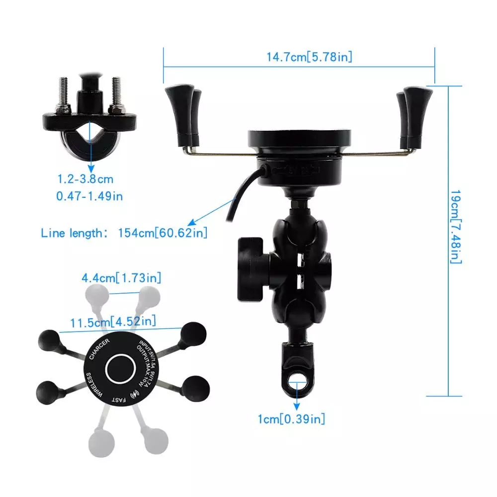 7.5W 2A X Claw Motorcycle Phone Mount With 3 In 1 Wireless Charger