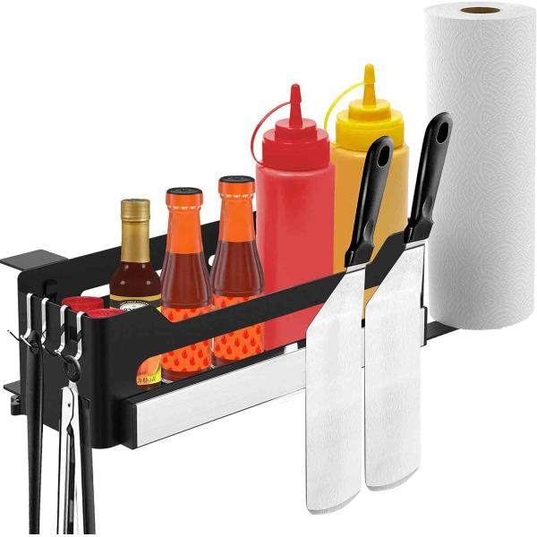BBQ Accessories Storage Bracket for Blackstone Griddles 28"/36" with a Magnetic Tool Holder & Paper Towel Holder & 4 J-Hooks