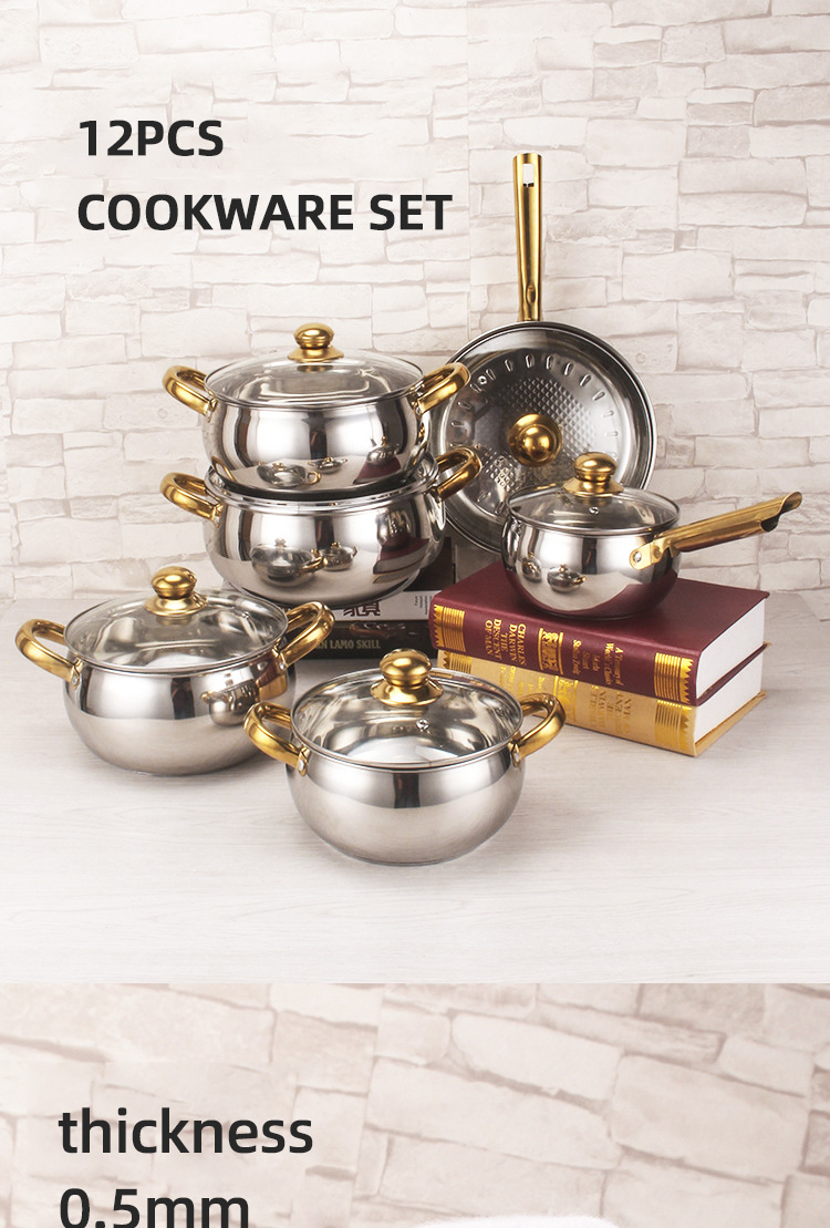 Best Selling Stainless Steel Cookware Set 12pcs Double Layer Cooking Pot Set With Golden Handle