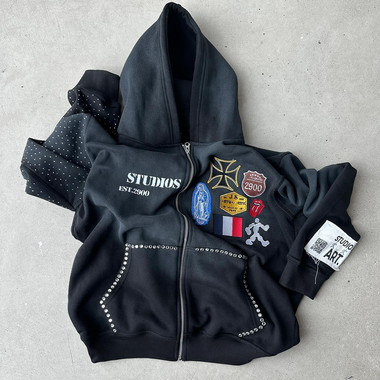 Oversized Rhinestone Hoodie Black Blue Heavyweight Hoodie Vintage Stone Wash Distressed Design