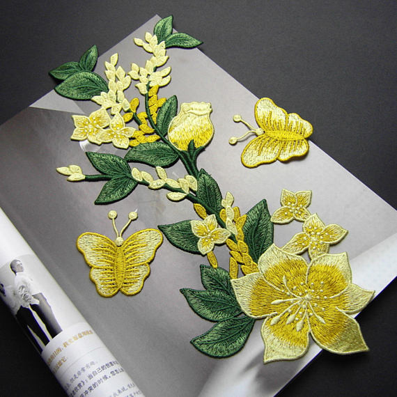 Yellow Flower Sew On Embroidered Patches Lace Appliques For Clothing 14 X 32 CM