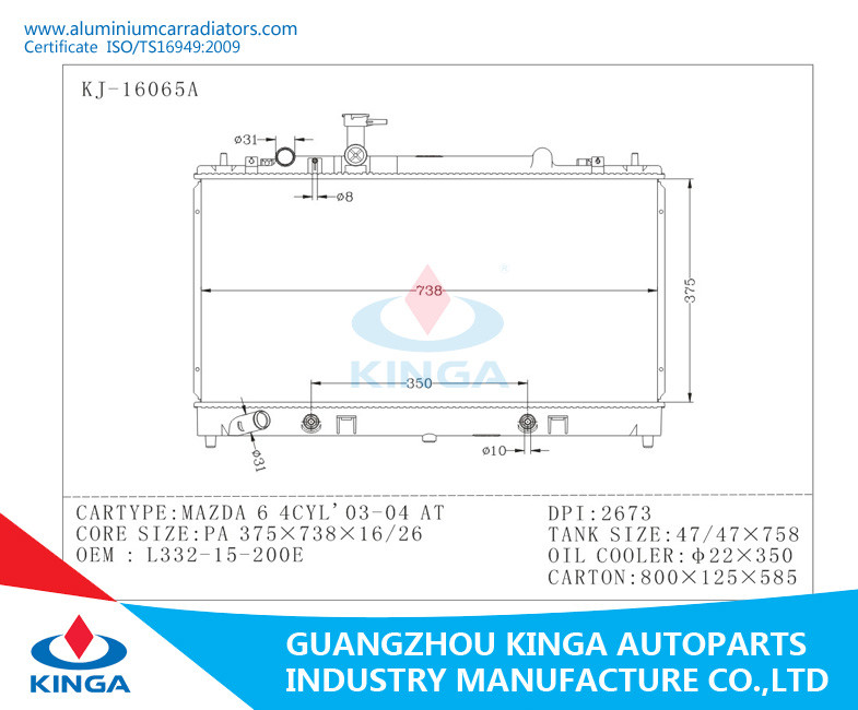 OEM L332-15-200E Aluminum Radiator Core For MAZDA 6 4CYL 2003-2004