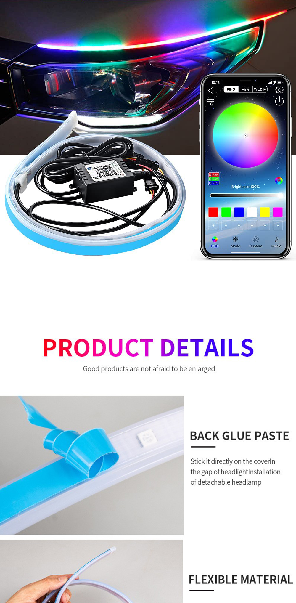 Neon Waterproof Switchback Auto Daytime Running Lights RGB APP Control DRL 12 volt