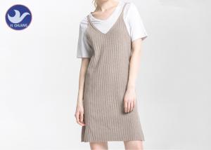 China Spaghetti Strap Ribbed Midi Womens Knitted Dresses V Neck Loose Fitting Side Slit wholesale