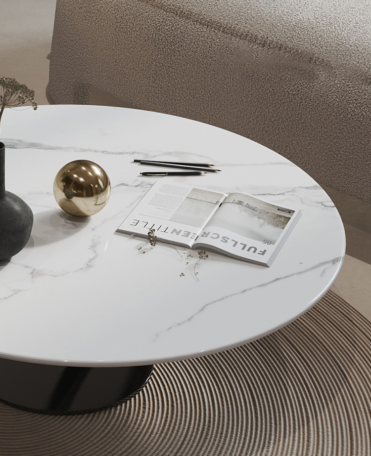 Circular Living Room Coffee Table Marble White Counter Top Black Base