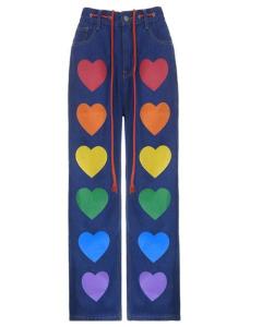 China Small Quantity Clothing Factory Women'S Love Print Straight Leg Jeans With Tie-Up Trousers wholesale